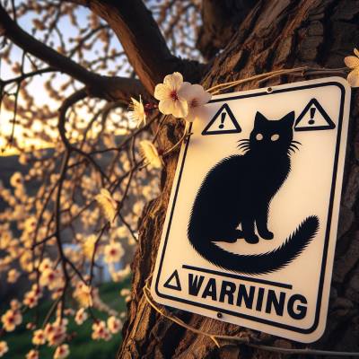 panneau de danger pour chat sur un arbre